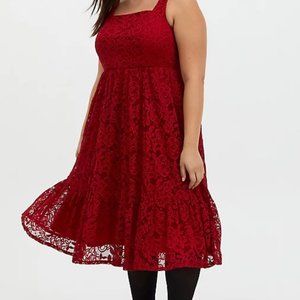 Red Lace Square Neck Midi Skater Dress Size 1